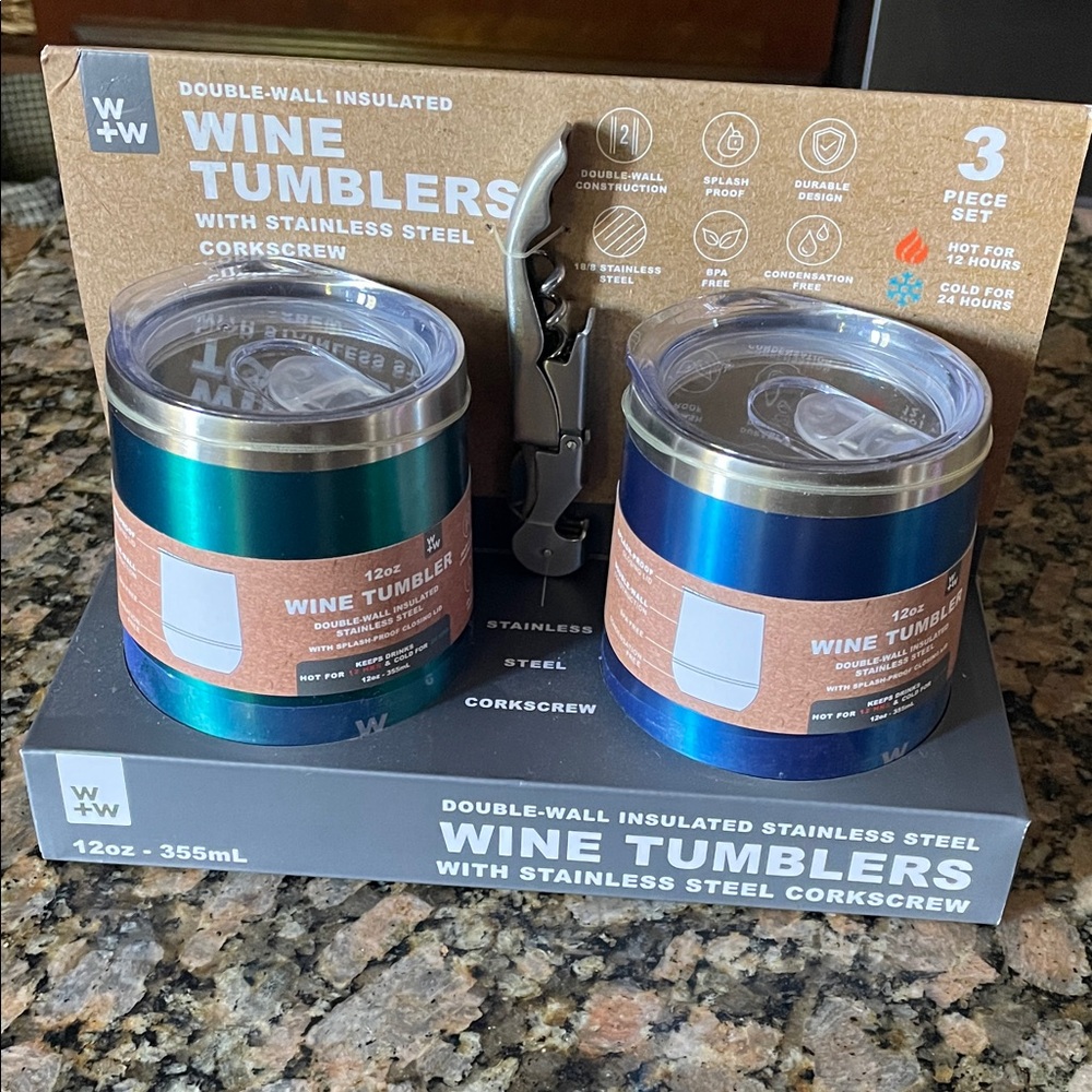 🎁 Double-Wall Insulated Wine Tumblers Set - Teal and Blue